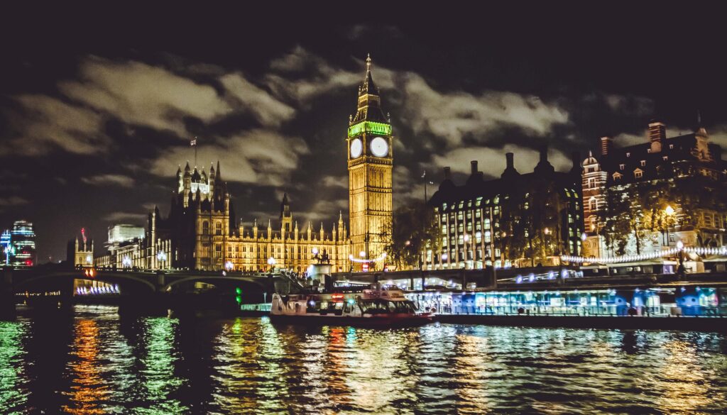 Evening River Thames cruise through illuminated London on Bonfire Night